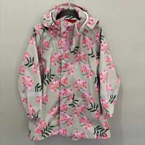 Reima tan raincoat with pink, orange and green flowers, removable hood